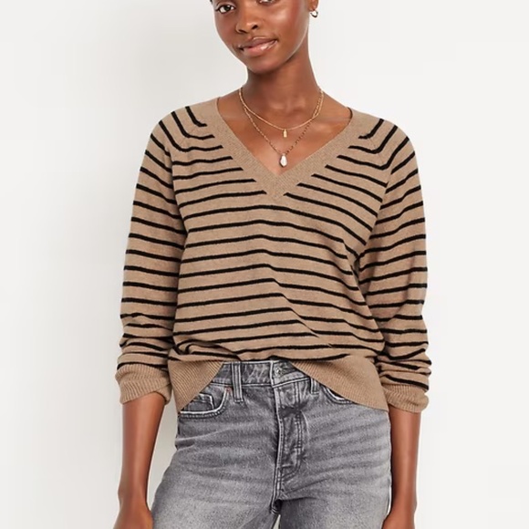 Old Navy So Soft Loose V-Neck Striped Brown/Black Sweater - Picture 1 of 8